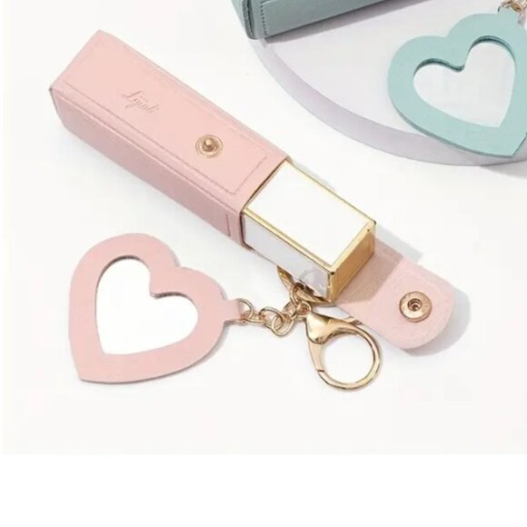 Cute Pink Mini Lipstick Holder Sleeve Keychain with Heart Shaped Mirror - Picture 4 of 7